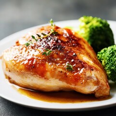 Sticker - A perfectly roasted chicken breast with a golden-brown skin, served with a side of steamed broccoli, Centered on a plain white plate