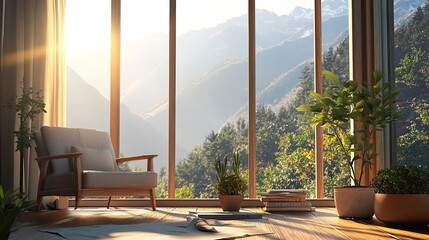 Wall Mural - experience a serene reading nook featuring a stunning mountain view through large windows, warm sunl