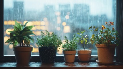 Wall Mural - this image showcases a serene indoor space featuring various potted plants by a window, with a rainy