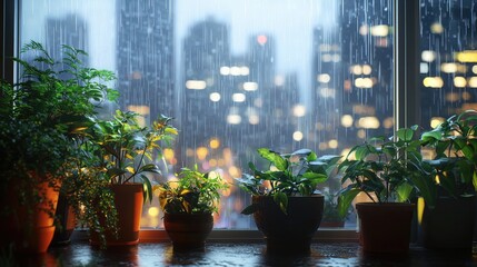 Wall Mural - this image showcases a serene indoor space featuring various potted plants by a window, with a rainy