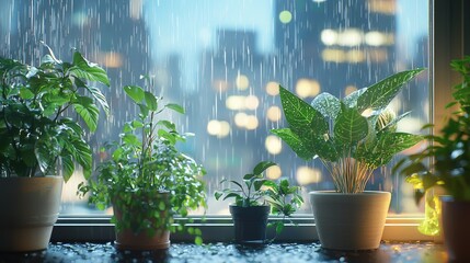 Wall Mural - this image showcases a serene indoor space featuring various potted plants by a window, with a rainy