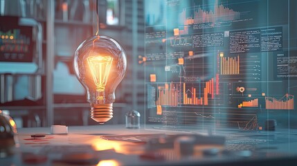 Aufkleber - A light bulb illuminates a creative space filled with various graphic elements and diagrams that symbolize ideas, innovation, and business strategies, perfect for use in