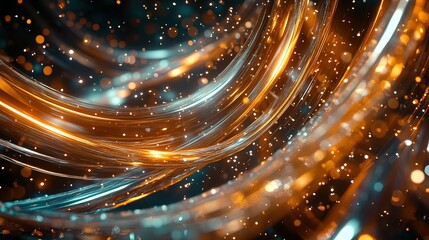 Wall Mural - abstract swirling light streaks with bokeh effect, gold and teal colors on dark background.