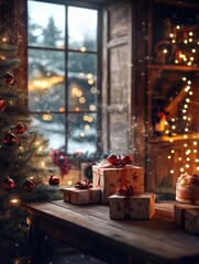 Wall Mural - Decorated xmas table with Merry Christmas gifts in cozy Santa home interior, banner. Happy New Year presents boxes in workshop late in night with lights on xmas tree, holiday eve background.