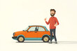 © Ram - Happy car owner with thumbs up standing beside a modern blue and orange vehicle, cartoon illustration, concept of car purchase, dealership, success, and automotive satisfaction