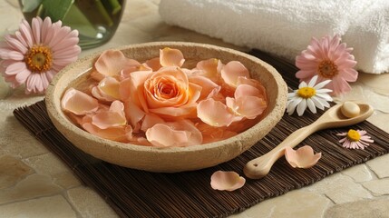 Aromatherapy foot soak composition, peach rose petals in water, pink daisy accents, natural spa tools arranged, textured brown mat, serene lighting