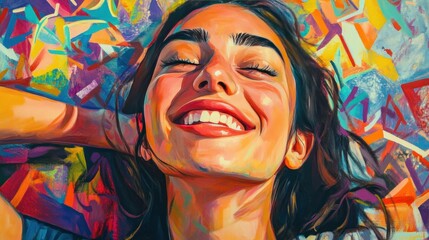 Wall Mural - A joyful woman portrait painted in a cute oil painting style, with soft brushstrokes. The background is filled with vibrant, geometric patterns and bright colors