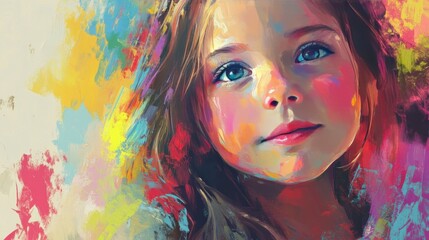 A playful portrait of a girl captured in an oil paint style, with bold, colorful strokes emphasizing her youthful features.