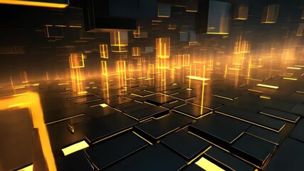 Fototapete - Dynamic patterns and glowing blocks create an abstract visual experience in a tech-inspired environment at night