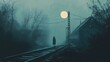 © Evalva786 - Solitary Figure on a Foggy Railroad Track at Night A Moody, Evocative Image Perfect for Novels, Films, or Games