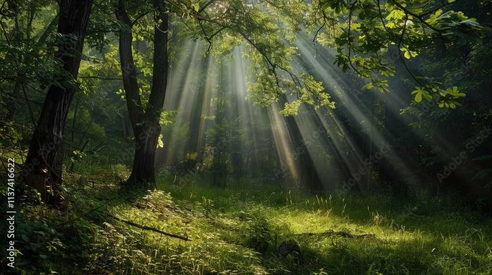 High-end photography of a lush green forest with sunlight streaming ...