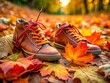 © Man888 - Autumn Shoes: Close-Up Maple Leaf Photography, Low Light Shoe Images, Fall Footwear
