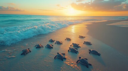 baby sea turtles heading to ocean at sunset on sandy beach