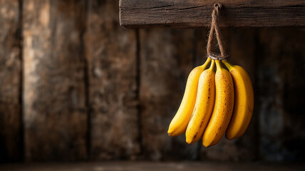 Wall Mural - bunch of ripe bananas hanging on rustic wooden beam, showcasing their vibrant yellow color against textured background. This evokes warm, inviting kitchen atmosphere