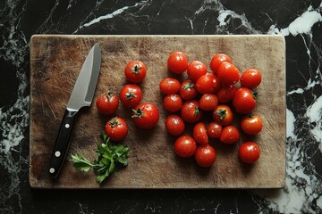 Wall Mural - Cherry tomatoes and parsley sprig lying on wooden cutting board with knife