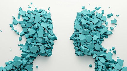Fototapete - economic mobility growth concept. Abstract art featuring two faces formed from turquoise shards, symbolizing connection and fragmentation in human relationships.