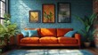 © gentho - Cozy living room with an orange sofa, plants, and vibrant artwork on a textured wall.