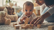 © Margarita - Mom playing joyfully with baby while stacking blocks in cozy living room