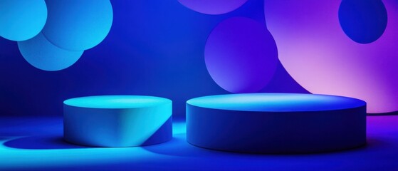 Wall Mural - abstract blue and purple neon background with cylindrical platforms for product display