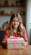 © Lexi - Young girl sitting at table smiling with gift for mom in cozy kitchen setting