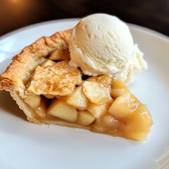 Sticker - A slice of warm apple pie with a flaky crust and a scoop of vanilla ice cream on top, placed on a plain white plate, Slice centered with a slightly angled view