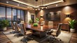 © Man888 - Cozy Office Conference Room Interior with Meeting Table and Mock-Up TV Display in Low Light Setting, Ideal for Generative AI Presentations and Collaborative Sessions
