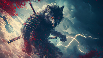 vintage ancient werewolf with his samurai in Japanese theme with flashing lightning bolts