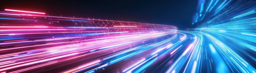 Poster - Neonlit futuristic highways connected by glowing networks viewed side view emphasizing digital mobility in technology tone vivid color scheme