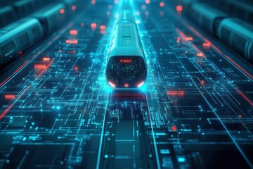Poster - Futuristic train network glowing with digital energy viewed top view illustrating rapid communication in advanced tone complementary color scheme