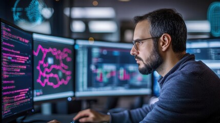 Poster - Cybersecurity specialist working in a secure environment, multiple monitors displaying encrypted data, serious and focused atmosphere, Main keyword cybersecurity engineer