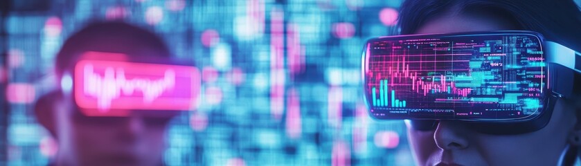 Aufkleber - Business professionals in AR glasses analyzing a global market display, cyberpunk aesthetic, neon light accents, 3D realism