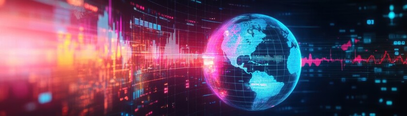 Aufkleber - Business innovation represented by a glowing digital Earth surrounded by charts and graphs, 3D render, crisp lighting, professional setting
