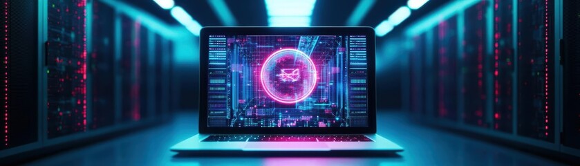 Fototapete - A sleek laptop in a dimly lit tech room, projecting a holographic interface of a data center network, neon aesthetic, high contrast, ultrarealistic