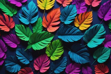 Wall Mural - Creative botanic neon background with leaves. Minimalistic vibrant picture for article, banner or poster. Trendy colors of 2022 year - Very Peri.