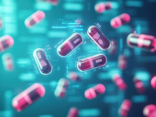 Aufkleber - A group of holographic capsules floating in a virtual environment, digital hologram effect, vibrant colors, futuristic AIinspired theme