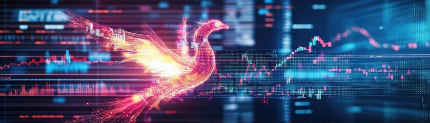 Aufkleber - A glowing digital phoenix rising upward, its wings made of stock market charts and financial data streams