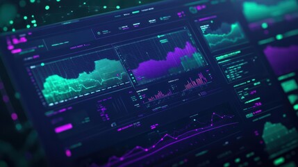 Aufkleber - A dynamic ecommerce platform dashboard showcasing sales spikes, glowing graphs, and digital metrics, cyberpunk aesthetic, purple and green hues, high detail