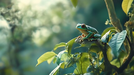 Wall Mural - Spectacular Green and Gold Frog on Lush Tropical Foliage