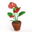 © marozhkastudio - 3d flower plant in pot isolated cartoon render icon. Anthurium with green leaves and red blossom in planter for home garden, flower shop or home interior design element, birthday gift. 3D illustration