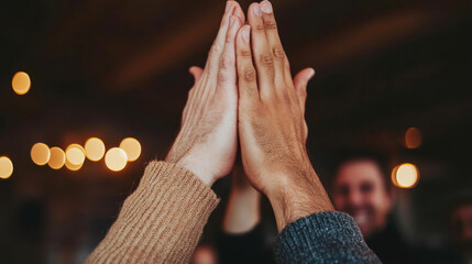 Wall Mural - celebrating together, two hands meet in joyful high five, surrounded by warm, glowing lights that cr