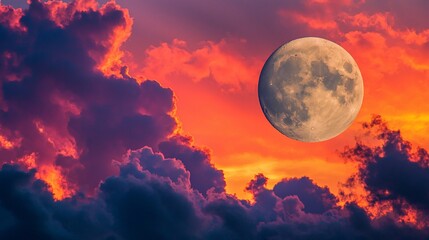 Wall Mural - Vivid sunset clouds frame a full moon in colorful sky.