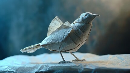 Aufkleber - Elegant rice paper bird sculpture perched on smooth surface in artistic environment with delicate craftsmanship