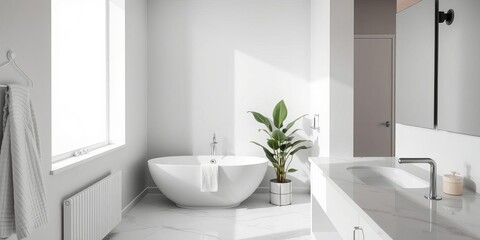 Wall Mural - Minimalist white bathroom and bedroom corner with sleek modern design, featuring a freestanding bathtub, marble countertops, and potted plant, minimalist, corner