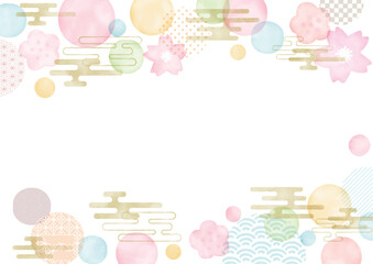 手描き　お正月 年賀状 水彩　梅と桜と水玉と和柄の背景イラスト