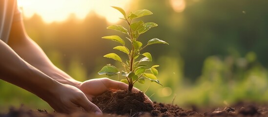 Wall Mural - hand holding young plant on blur green nature background. concept eco earth day