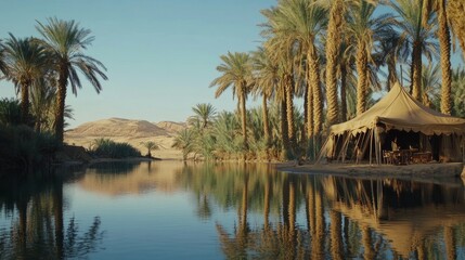 Wall Mural - Crystal-clear waters of a desert oasis reflect tall date palms, while a Bedouin tent offers shade in the calming desert wind.