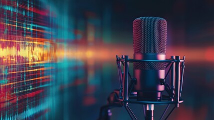 Poster - Recording studio serenity captivating microphone amidst vibrant sound waves digital environment close-up audio concept