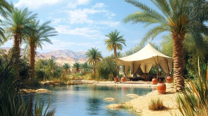 Wall Mural - Serene desert scene featuring an oasis with sparkling water, surrounded by date palms and a traditional Bedouin tent, all under a vast blue sky.