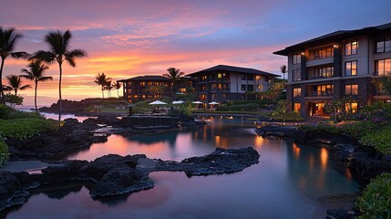 Canvas Print - Oceanfront resort at sunset with palm trees and rocky shore.