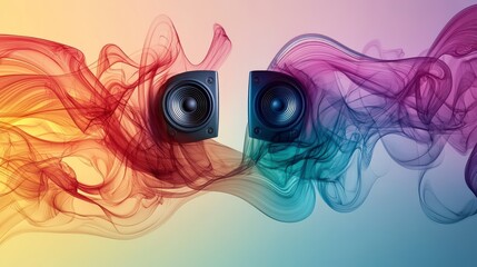 Poster - Dynamic sound waves flowing between speakers vibrant environment digital art creative viewpoint visual concept